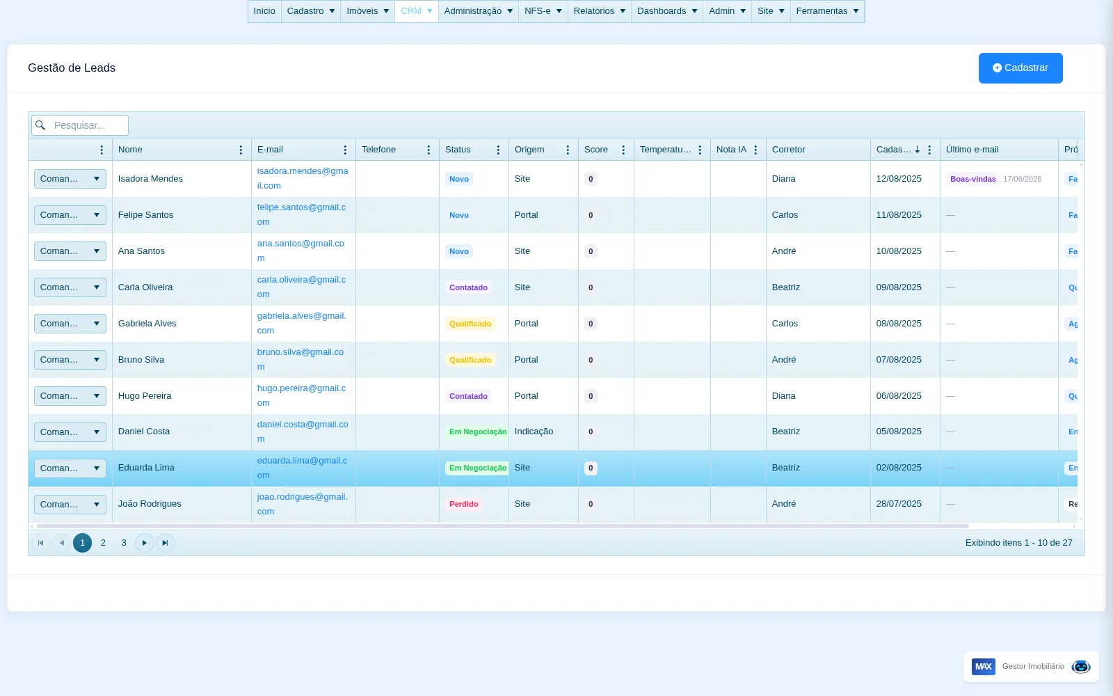 Lista de leads no CRM do sistema