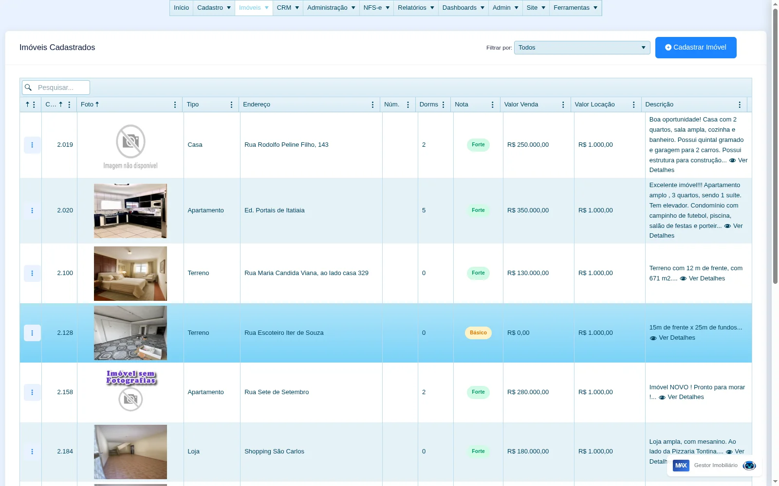 Lista de imóveis cadastrados no sistema
