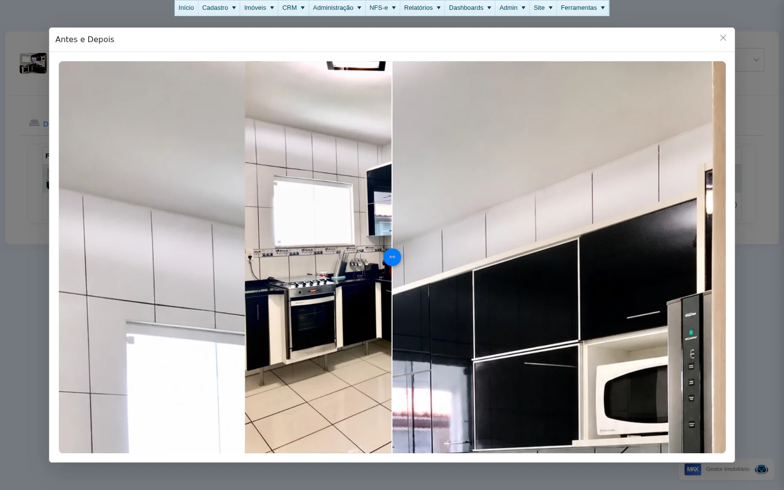Comparação antes e depois de foto de imóvel melhorada por inteligência artificial
