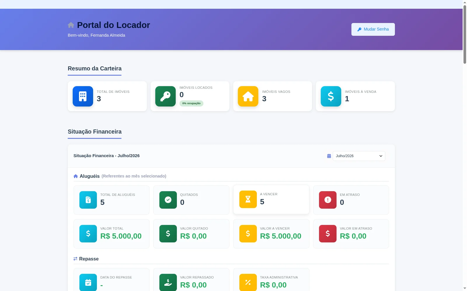 Painel do proprietário no Portal do Locador
