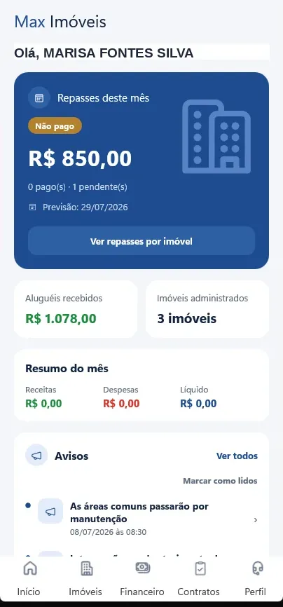 Dashboard do proprietário no app