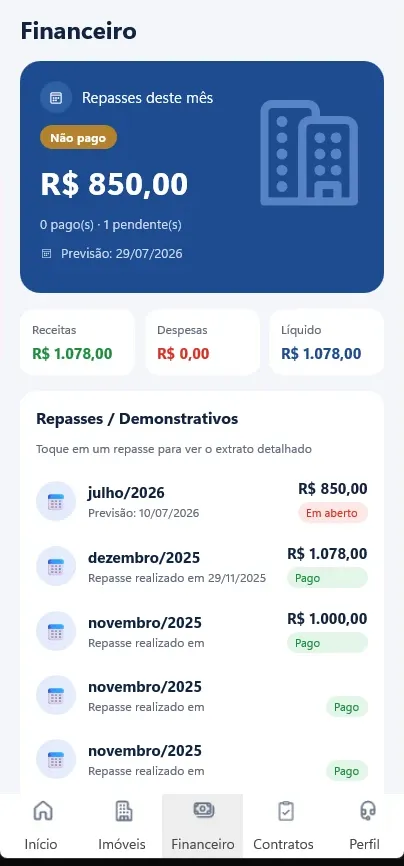 Financeiro do proprietário no app